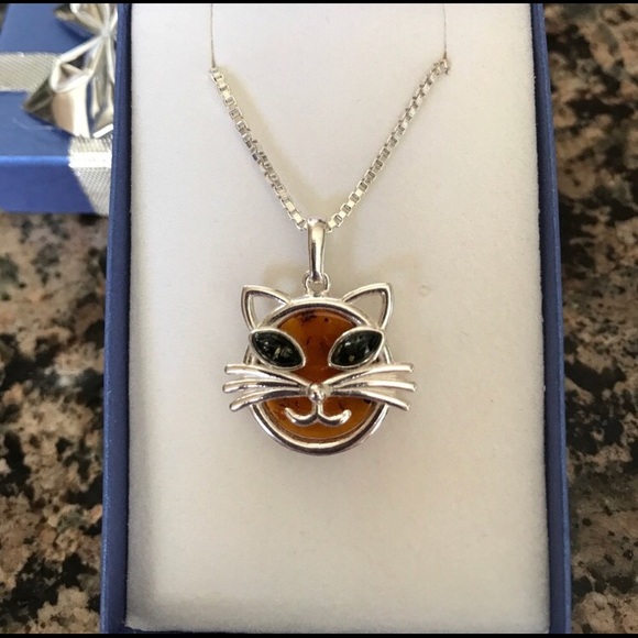 STERLING SILVER GENUINE BALTIC AMBER CAT NIB - Picture 5 of 6